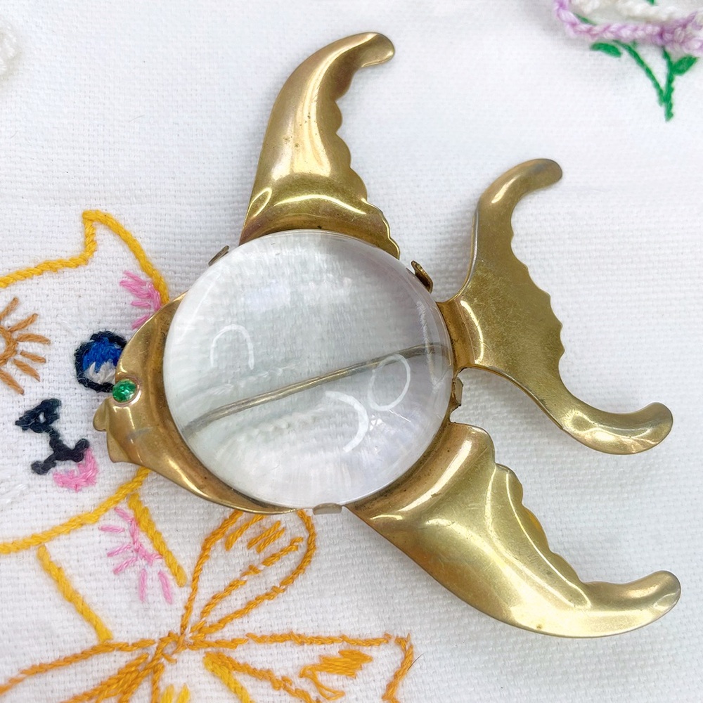 Gold Fish Brooch with Green Gem